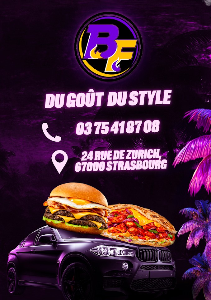 Affiche Best Food avec le logo, les coordonnées, les burgers et la voiture violette
